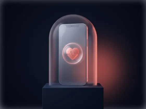 An iPhone under a glass dome with a heart symbol on its screen