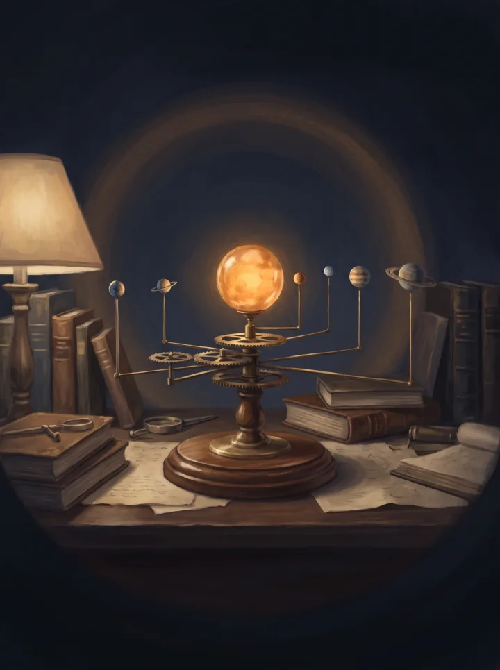 Painted illustration of a brass orrery on a walnut stand at night: a glowing Sun at the center and the planets on brass arms turned by gears, on a desk among old books, a magnifying glass and a reading lamp
