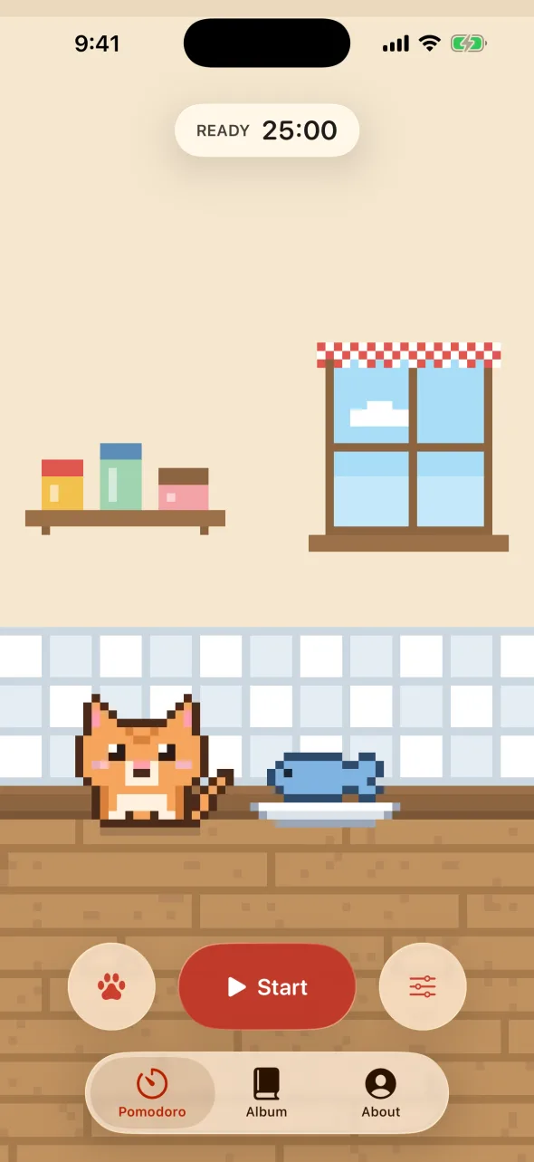 Munchodoro on iPhone: a pixel cat next to its fish on a kitchen counter, ready for a 25-minute focus block