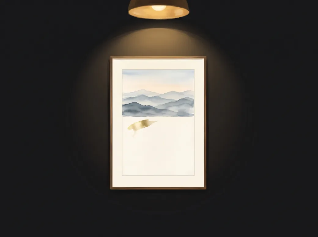Painted Day: today's painting on a dark gallery wall under a warm lamp, a watercolor of misty blue mountains half painted, with a fleck of gold leaf marking a moment on the blank half of the canvas