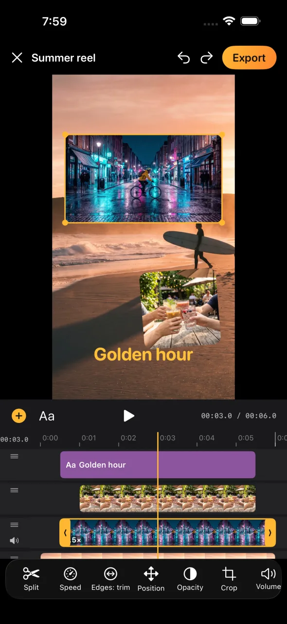 The Stackcut editor on iPhone: a vertical canvas with a video, a photo and a text layer, and their lanes in the timeline below