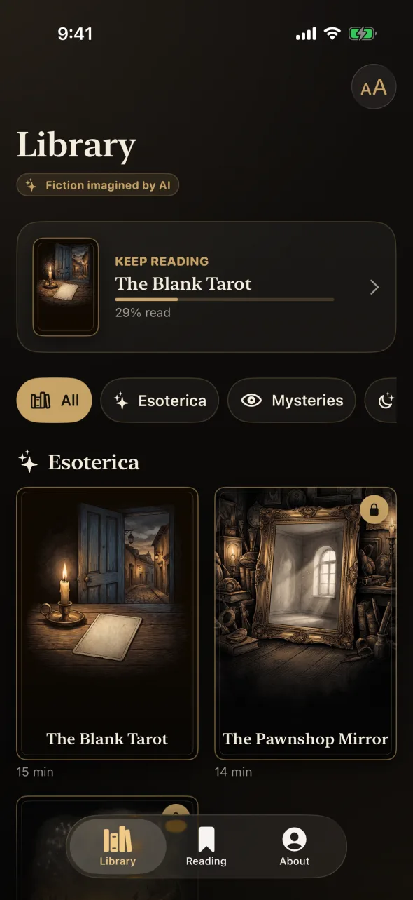 Umbral Tales on iPhone: the Library with the Fiction imagined by AI label, a Keep reading card for The Blank Tarot and the Esoterica shelf